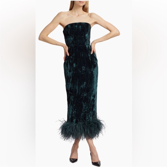 16Arlington Minelli Velvet Feather-Hem Midi Dress US 4 new with tags $1450 - Picture 3 of 12